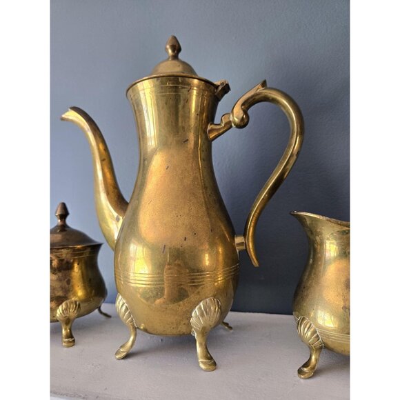 Vintage Brass Coffee Set Tall Pot, Cream & Sugar Dish Made in India Gold Metal - Picture 2 of 10